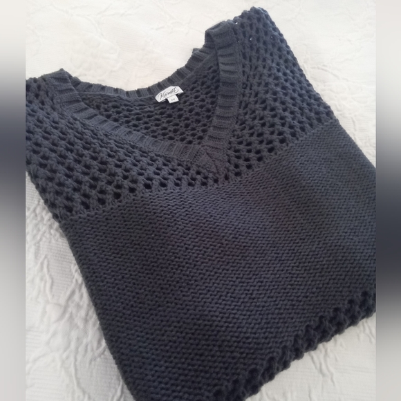 Charcoal Grey Open Knit Long Sleeve V Neck Sweater - Picture 1 of 15